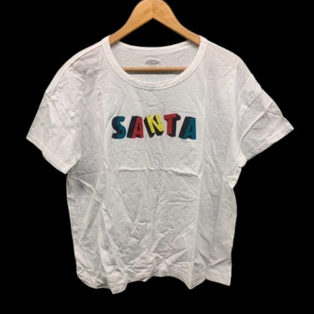 Old Navy T-Shirt Women's L White‎ Santa Graphic Loose Fit Easy Tee NWT